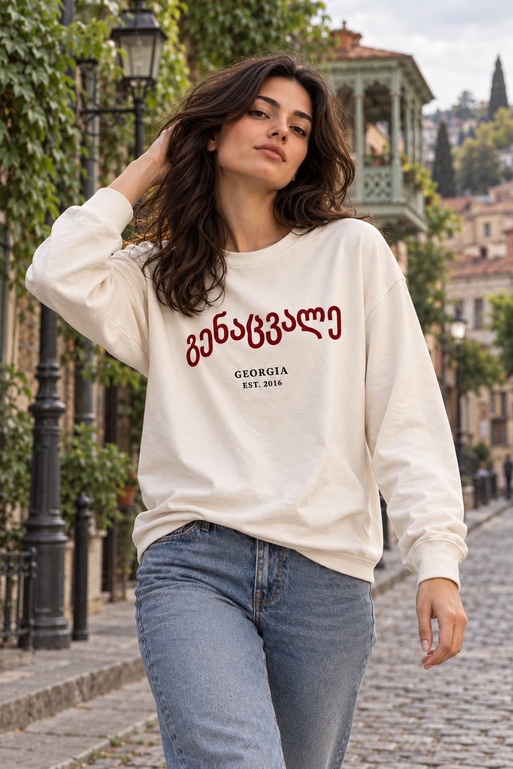 Georgian Script Long-Sleeve Tee — On model — walking
